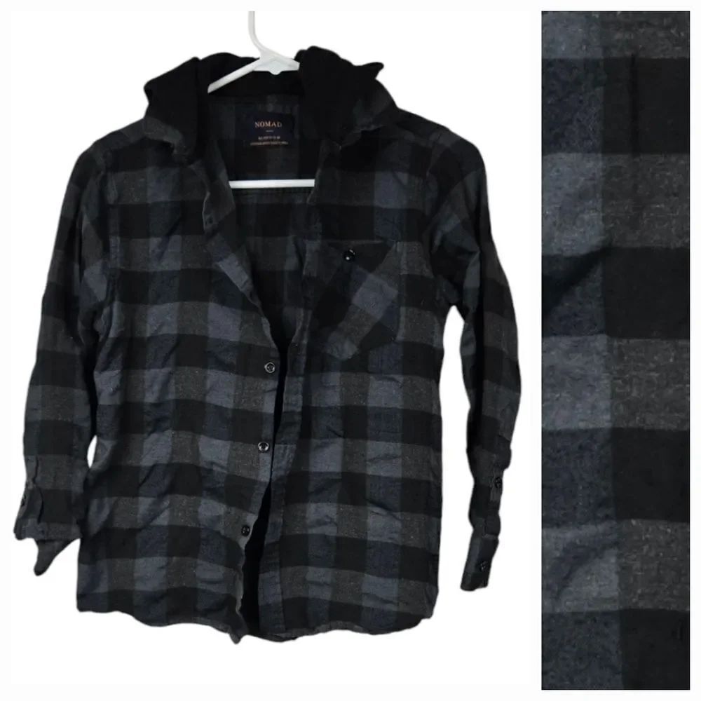 Nomad Banquet Flannel Button Front Shirt Hoodie Blue Cotton Plaid Outdoor Boys M